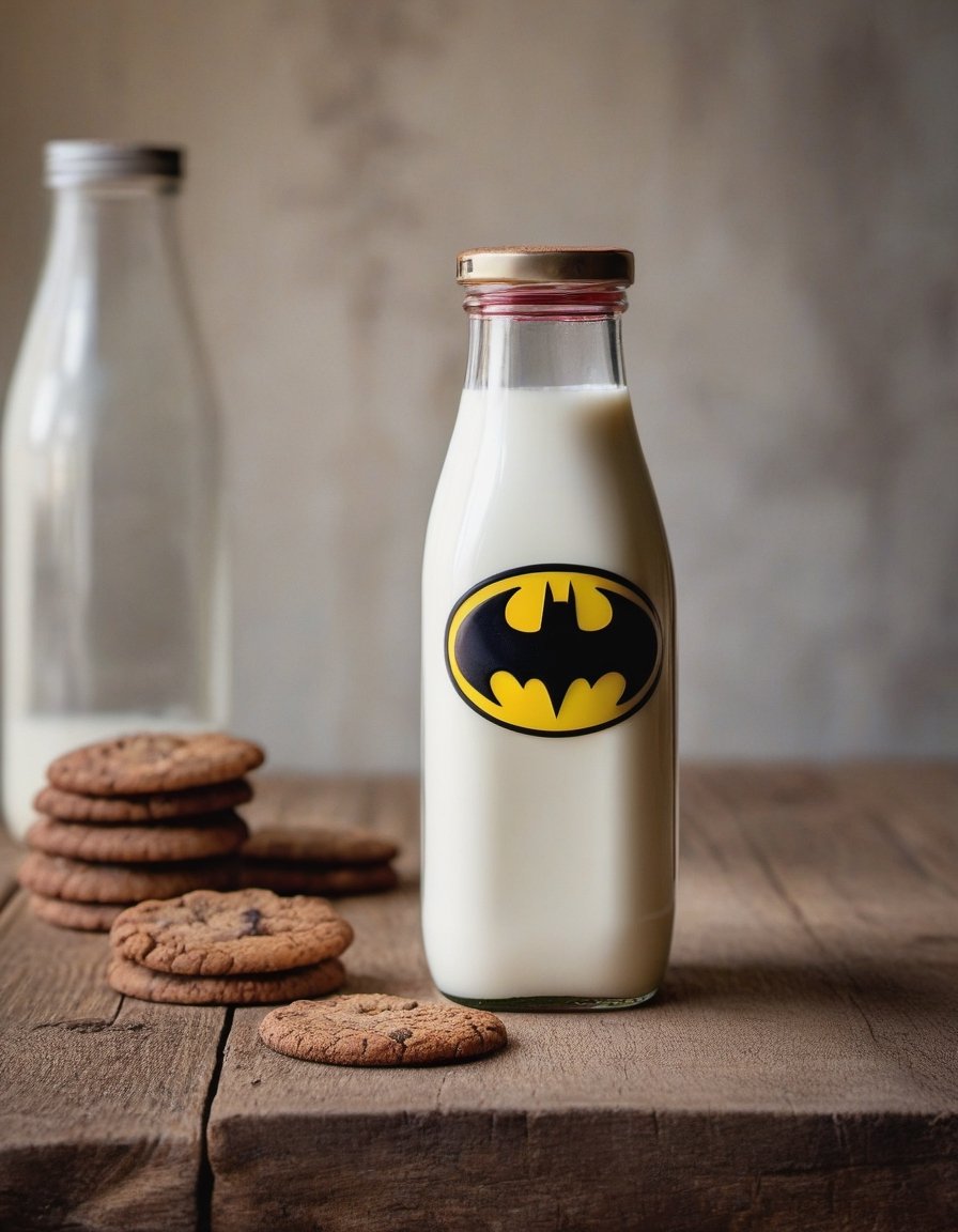 milk bottle batman brand, resting on a wooden table we can see the betas of the wood, two cookies, hd, 8k, masterpiece, one light, soja, cenital camera, nikon d800, raw

