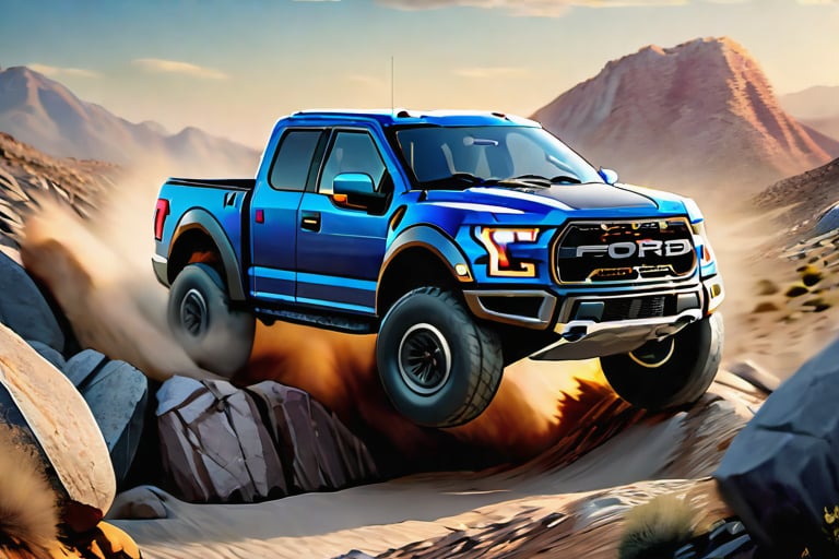 Ford raptor big jumping in rocks, high detail ford raptor dark blue, natural photography, dramatic light, advertising shooting, 4k, high resolution, realistic photography, 13hs, sharpen more, truck lights are turn on, perfect details of the truck, aereal shoot, 120 mph, alpha channel, more landscape, zoom out, sunset, saturated colors,mecha