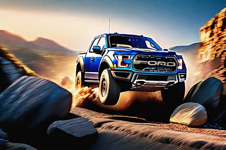 Ford raptor big jumping in rocks, high detail ford raptor dark blue, natural photography, dramatic light, advertising shooting, 4k, high resolution, realistic photography, 13hs, sharpen more, truck lights are turn on, perfect details of the truck, aereal shoot, 120 mph, alpha channel, more landscape, zoom out, sunset, saturated colors