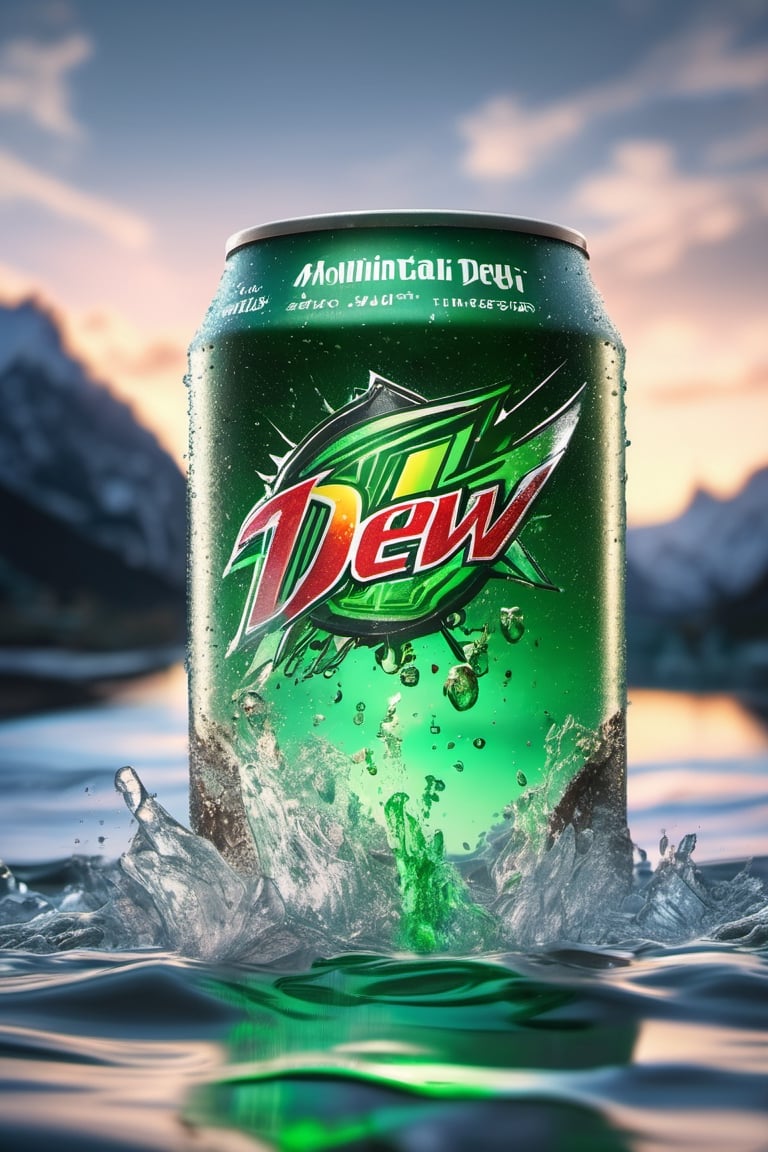 High quality, masterpiece, 4K, quality, Tyndall effect, RAW natural photo of (((perfect))) mountain dew can, fresh, water splash, water drops, ice particles, only one light cenital chimera, day advertising shooting, realistic photograph, sharp focus, depth of field, shoot, ,side shot, side shot, ultrahd, realistic, vivid colors, highly detailed, perfect composition, 8k, photorealistic concept art, soft natural volumetric cinematic perfect light,booth, food focus, black background
