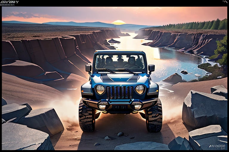 jeep wrangler big jumping in rocks, high detail ford raptor dark blue, natural photography, dramatic light, advertising shooting, 4k, high resolution, realistic photography, 13hs, sharpen more, truck lights are turn on, perfect details of the truck, aereal shoot, 120 mph, alpha channel, more landscape, zoom out, sunset,