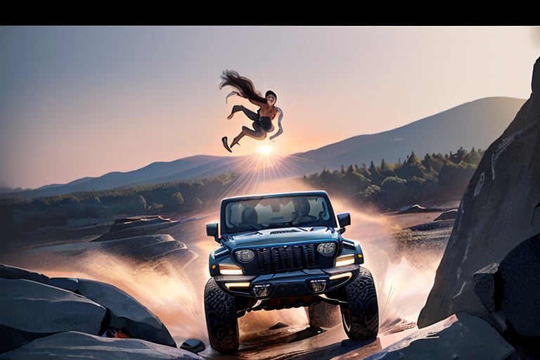 jeep wrangler big jumping in rocks, high detail ford raptor dark blue, natural photography, dramatic light, advertising shooting, 4k, high resolution, realistic photography, 13hs, sharpen more, truck lights are turn on, perfect details of the truck, aereal shoot, 120 mph, alpha channel, more landscape, zoom out, sunset,