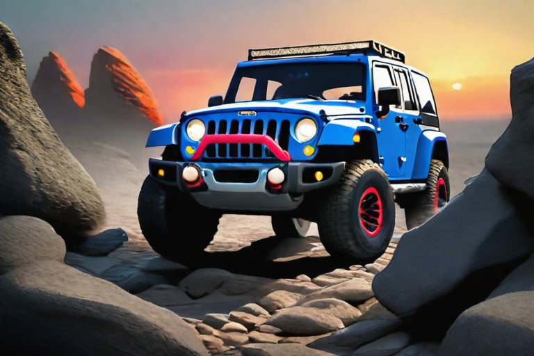 jeep rubicon big jumping in rocks, high detail ford raptor dark blue, natural photography, dramatic light, advertising shooting, 4k, high resolution, realistic photography, 13hs, sharpen more, truck lights are turn on, perfect details of the truck, aereal shoot, 120 mph, alpha channel, more landscape, zoom out, sunset, 
,Origami 