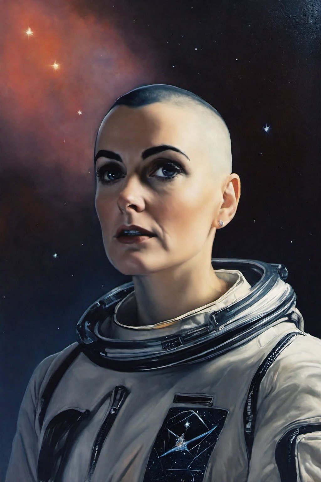 photo of sinead o'connor with astronaut suitcase, rule of thirds, dramatic lighting, medium hair, detailed face, detailed nose, woman naked, soft freckles, smirk, intricate background,realism,realistic,raw,analog,woman,portrait,photorealistic,analog,realism, front light medium power. 8k, mohicano haircut