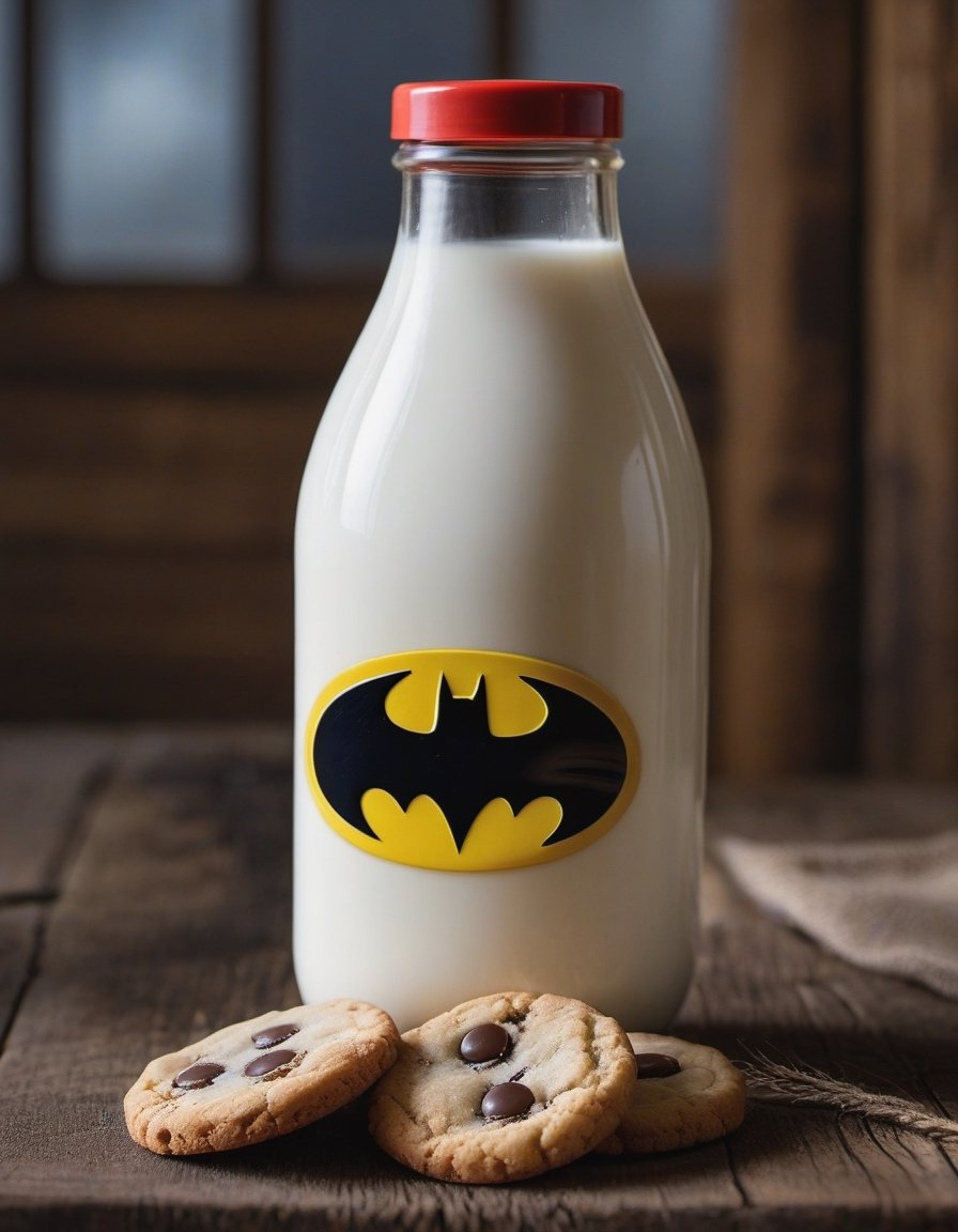 milk bottle batman brand, resting on a wooden table we can see the betas of the wood, two cookies, hd, 8k, masterpiece, one light, soja, cenital camera, nikon d800, raw, hiperrealism, medium format lens, super prime cinema lens, 100mm lens

