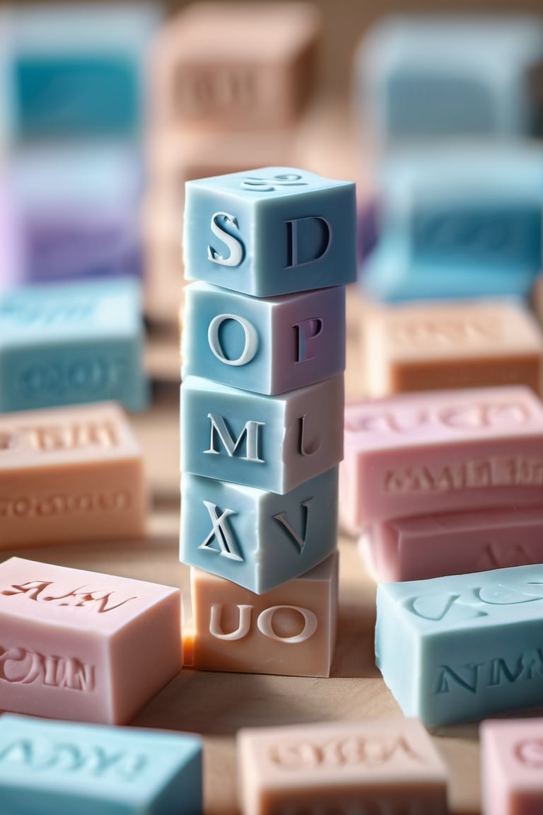 RAW natural photo Of letters soap, only one light cenital chimera, day advertising shooting, realistic photograph, sharp focus, depth of field, shoot, ,side shot, side shot, ultrahd, realistic, vivid colors, highly detailed, perfect composition, 8k, photorealistic concept art, soft natural volumetric cinematic perfect light,booth,food focus, UP THE CAMERA
