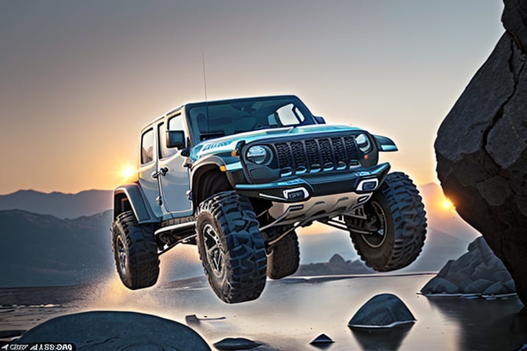 jeep wrangler big jumping in rocks, high detail ford raptor dark blue, natural photography, dramatic light, advertising shooting, 4k, high resolution, realistic photography, 13hs, sharpen more, truck lights are turn on, perfect details of the truck, aereal shoot, 120 mph, alpha channel, more landscape, zoom out, sunset,