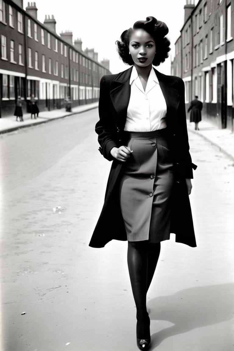 1940s monochrome portrait . Young beautiful African woman 1940s hairstyle. Black trenchcoat,  open,  White silk blouse. Bl...