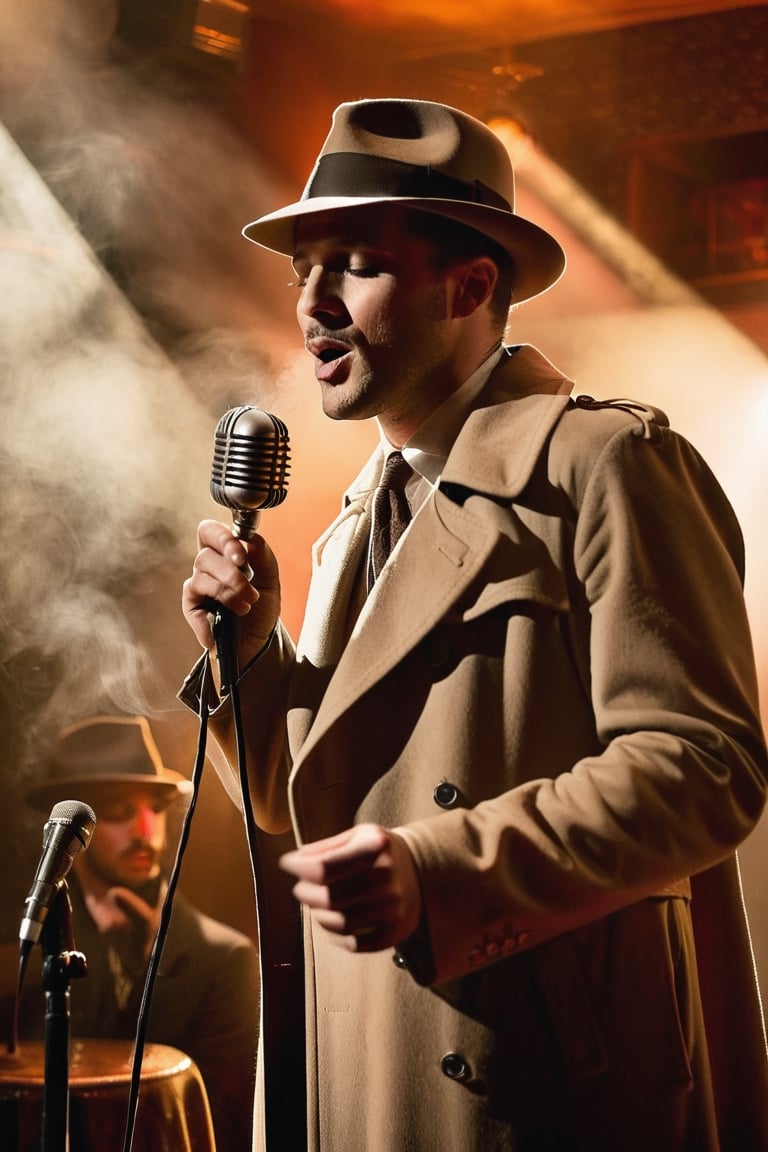 A smokey dimly lit nightclub.  A man in a trenchcoat and fedora is singing into  a  1930s style microphone.  Monochrome portrait