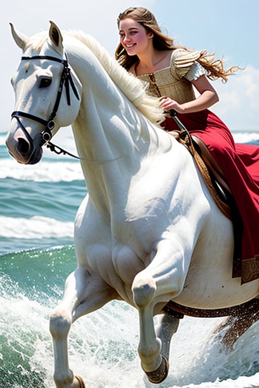 Close up  of a Young woman in  medieval  dress astride a  large white horse.  galloping  through  the  surf