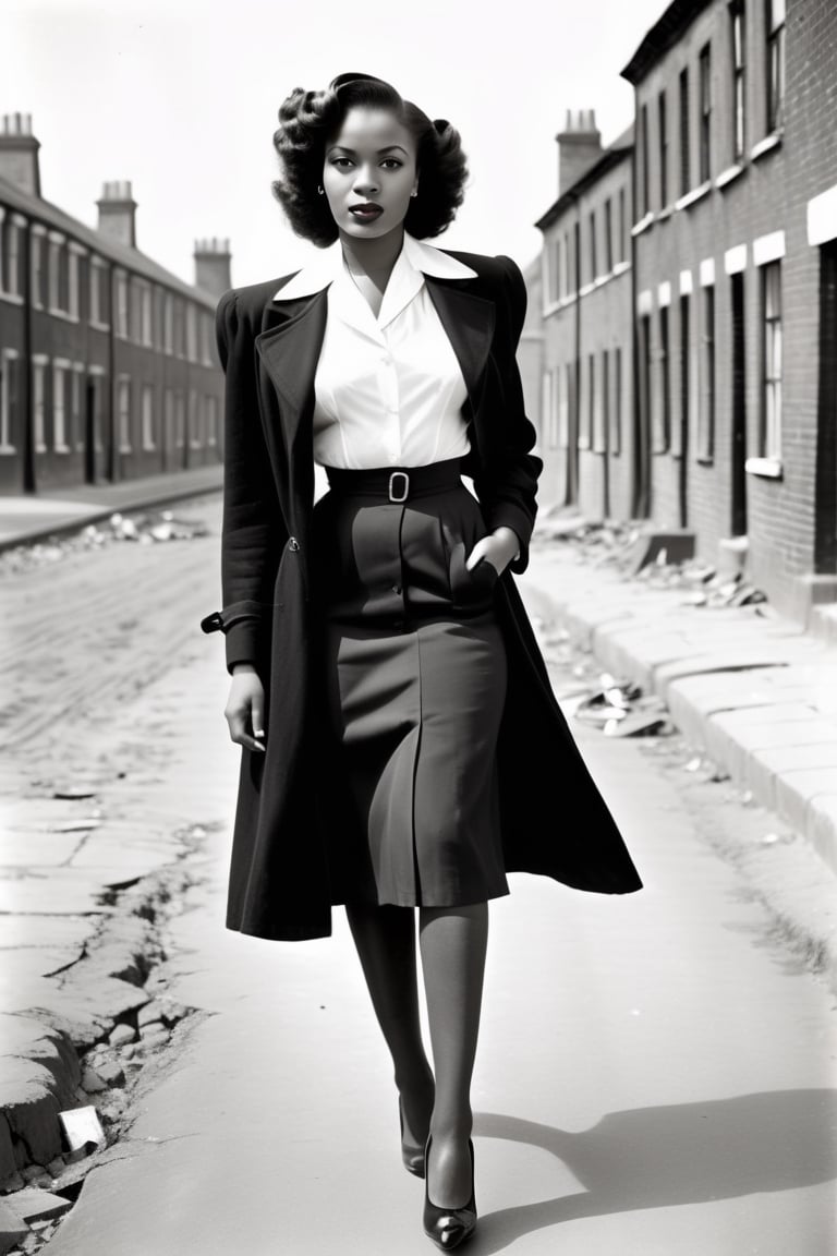 1940s monochrome portrait . Young beautiful African woman 1940s hairstyle. Black trenchcoat,  open,  White silk blouse. Bl...