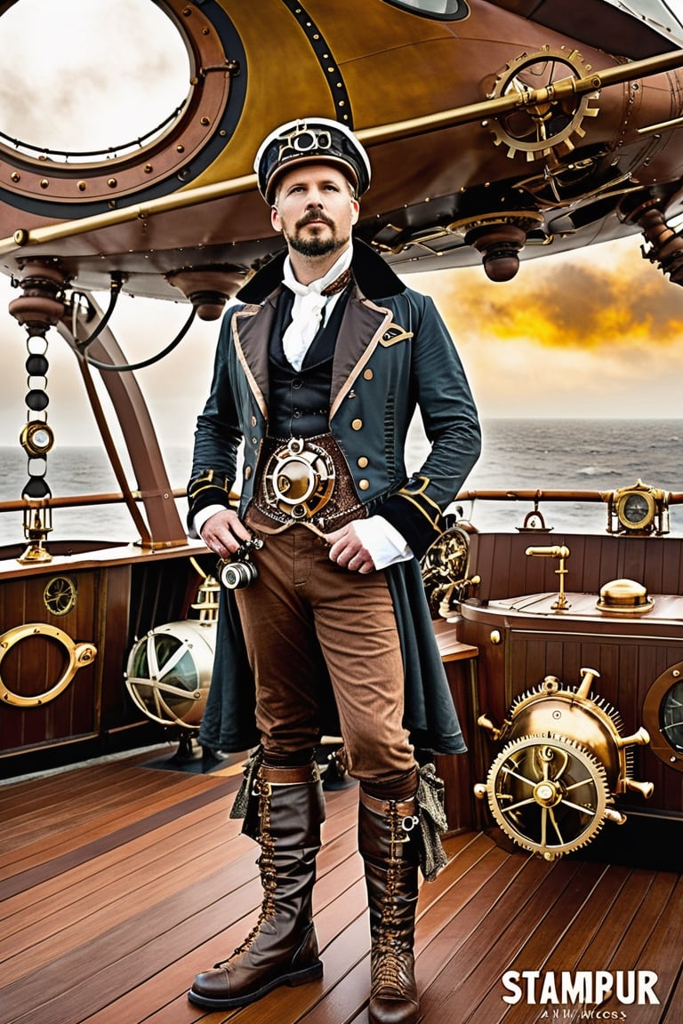 photo r3al.  A close upshot of Robur the Conqueror on the deck of the Albatross or in a steampunk-inspired setting, showcasing his pioneering spirit and inventive genius. Robur the Conqueror should be portrayed in a determined and innovative pose, reflecting his pioneering spirit and inventive genius, dressed in a steampunk-inspired aviator outfit. The deck of the Albatross, Robur's aerial vehicle, or a scene reminiscent of an airship adventure, capturing the essence of Robur's pioneering spirit in aviation
Lighting: Steampunk-inspired, dramatic lighting that accentuates the adventure and innovation associated with Robur's character
Color: Steampunk-inspired and metallic tones reflecting the mechanical and inventive nature of Robur's world. The setting should evoke the ambiance of the Albatross, Robur's aerial vehicle, or a scene reminiscent of an airship adventure, with steampunk-inspired props, metallic elements, and an atmosphere of early aviation and exploration.
Capture the adventurous and innovative nature of Robur as he stands on the deck of the Albatross or engages in a steampunk-inspired setting, perhaps with mechanical elements and inventions.
Enhance the image with steampunk-inspired and metallic color tones that complement the mechanical and inventive nature of Robur's character and his world.