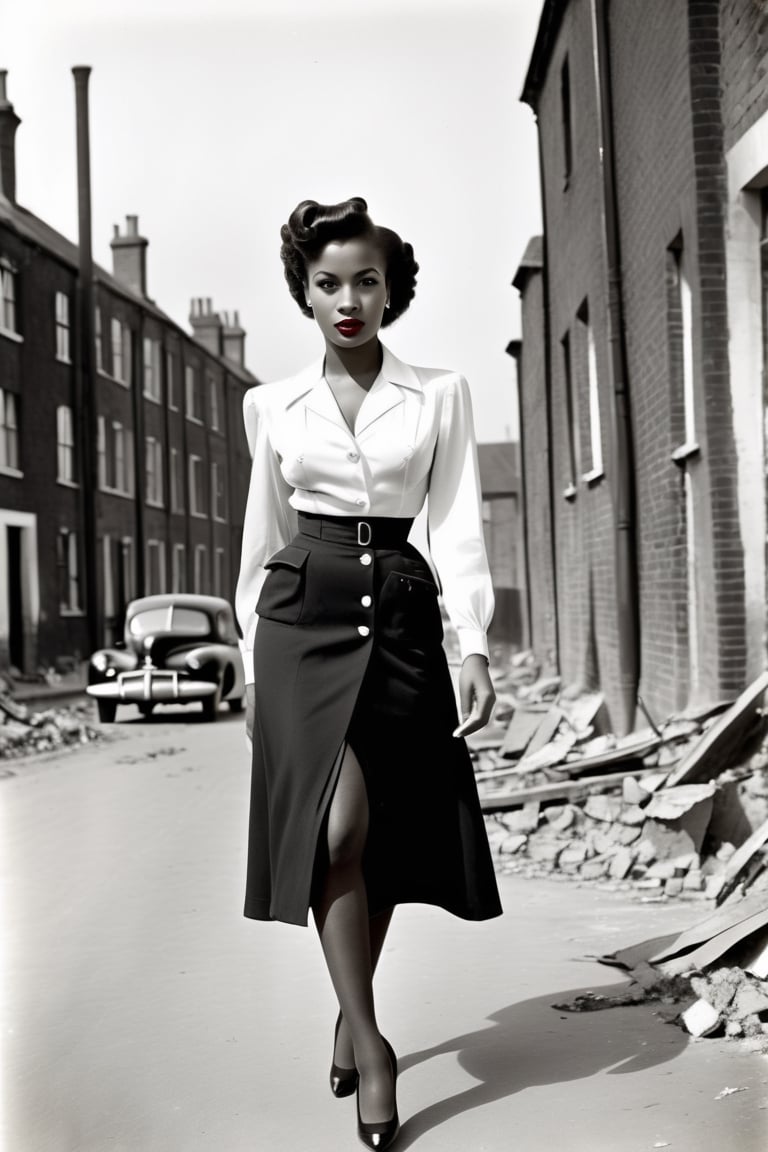 1940s monochrome portrait . Young beautiful African woman 1940s hairstyle. Black trenchcoat,  open,  White silk blouse. Bl...