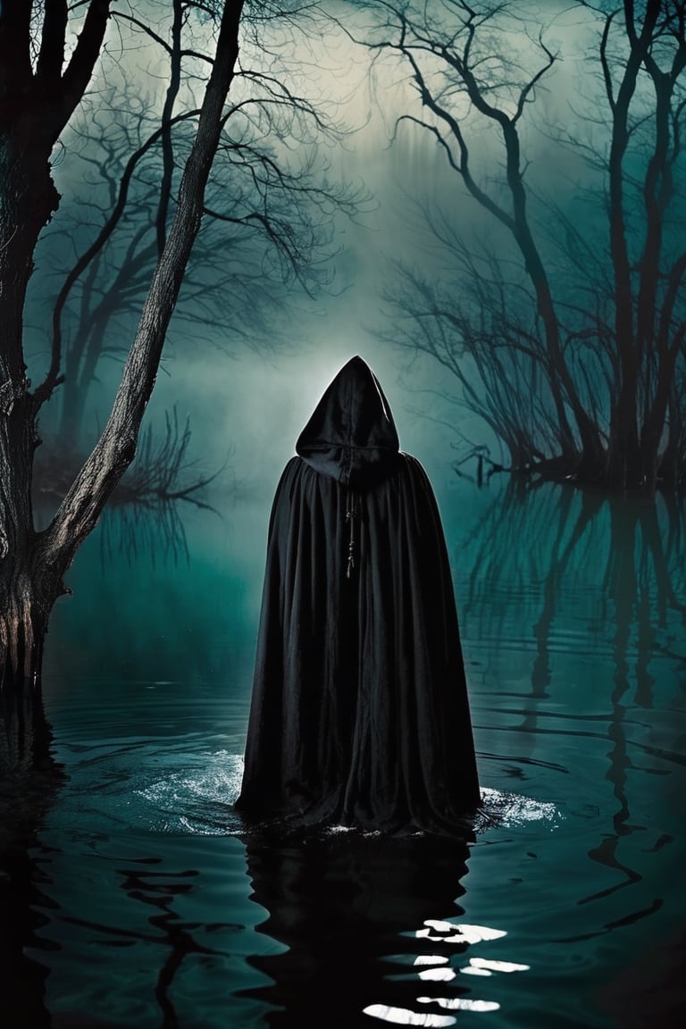 Spirit of Dark Water. A faceless figure in a long black  hooded cloak  stands  in  dark  spooky  water.   Around it  are  dark  trees.  a  nightmare landscape.