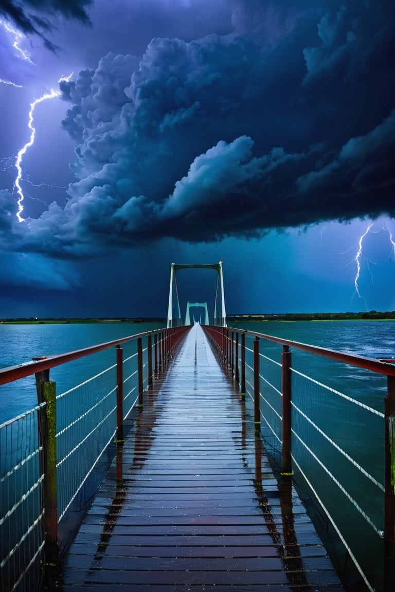 A bridge over sormy waters. Dark stormy  sky