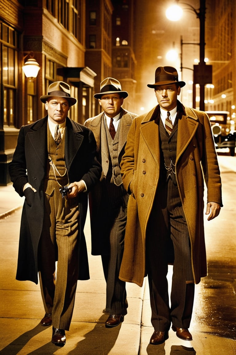 A captivating shot of Eliot Ness  and two of his men in a determined pose on the streets of Chicago, showcasing his commitment to combating organized crime. Eliot Ness should be portrayed in a determined and law enforcement pose, reflecting his commitment to upholding the law and combating organized crime, dressed in vintage attire of the era.. Environment: A gritty and atmospheric 1920s or 1930s Chicago street scene, capturing the essence of Eliot Ness' battle against organized crime during Prohibition
Lighting: Film noir-inspired, dramatic lighting that enhances the gritty and noir ambiance of the era
Color: Vintage and sepia tones reflecting the historic and cinematic qualities of the Prohibition era. he setting should evoke the ambiance of a gritty 1920s or 1930s Chicago street scene, with period-accurate props, architecture, and an atmosphere of Prohibition-era intrigue.
Capture the gritty and determined nature of Eliot Ness as he stands against the backdrop of a city street, perhaps with shadows and reflections that add to the film noir aesthetic.
Enhance the image with vintage and sepia color tones that transport the viewer to the historic and cinematic world of the Prohibition era.