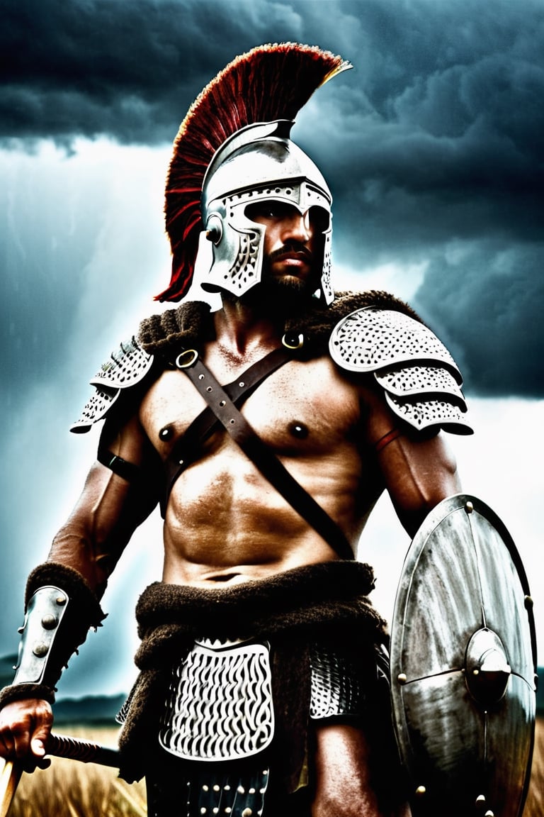 Spartan warrior.  In armor.  holding spear and  ready  to  fight.   Out on battlefield. Dark stormy skies.