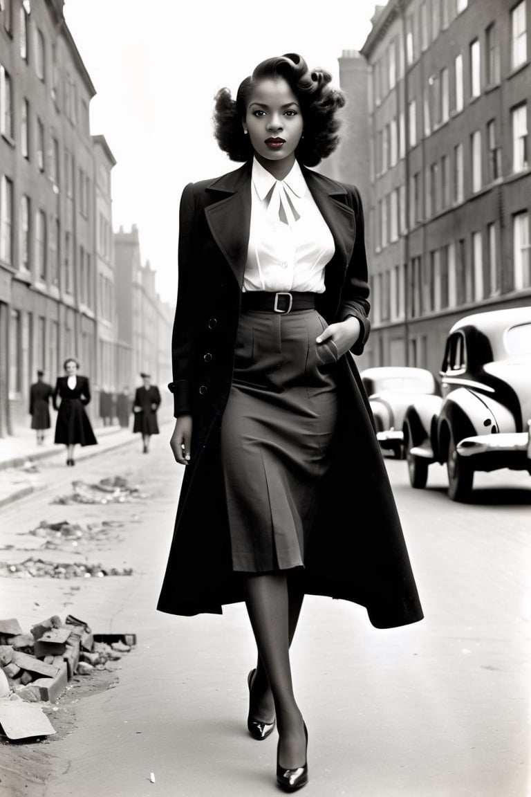 1940s monochrome portrait . Young beautiful African woman 1940s hairstyle. Black trenchcoat,  open,  White silk blouse. Bl...