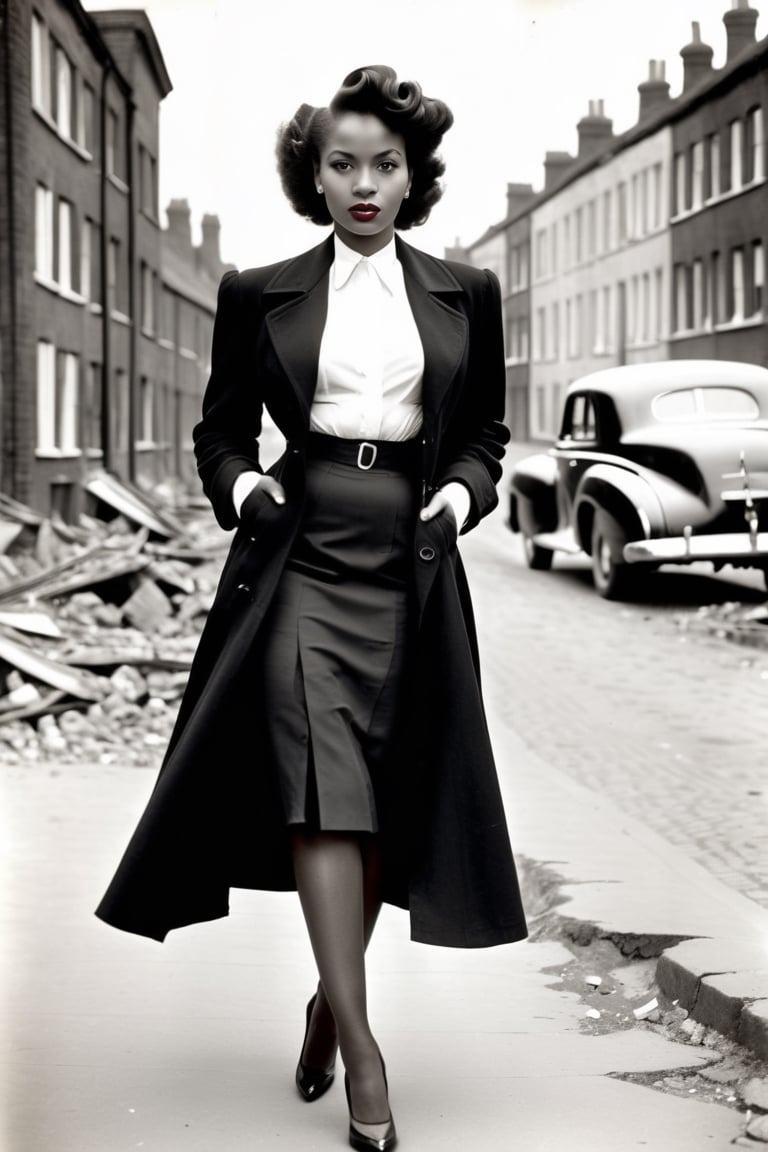 1940s monochrome portrait . Young beautiful African woman 1940s hairstyle. Black trenchcoat,  open,  White silk blouse. Bl...