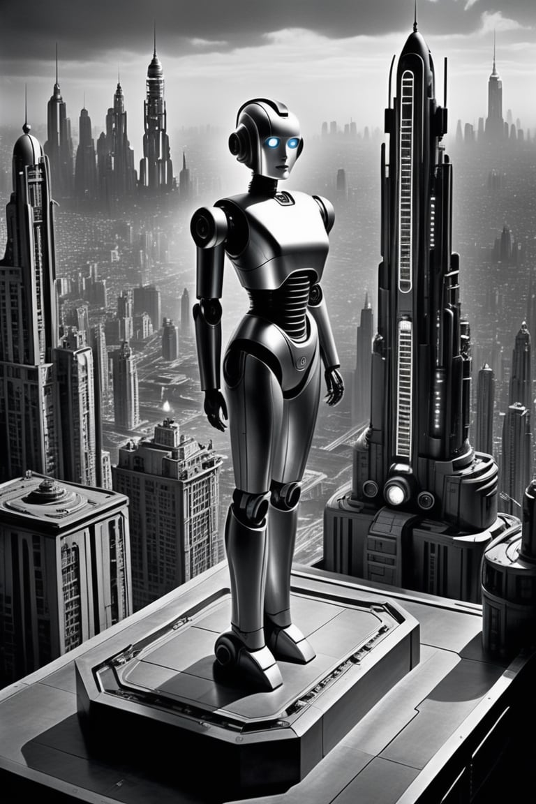 A captivating shot of the Maria robot, amidst the futuristic cityscape of "Metropolis". The cityscape should be designed to evoke the futuristic and dystopian setting of "Metropolis," with towering skyscrapers, industrial elements, and an atmosphere of technological oppression. : A futuristic and dystopian cityscape with towering skyscrapers, capturing the essence of the film's iconic setting
Lighting: Stark and dramatic lighting that enhances the Maria robot's futuristic and enigmatic presence
Color: Vintage black and white, emulating the film's iconic cinematography