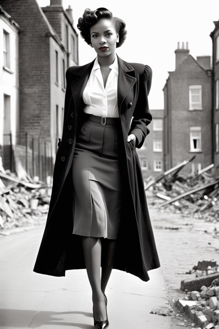 1940s monochrome portrait . Young beautiful African woman 1940s hairstyle. Black trenchcoat,  open,  White silk blouse. Bl...