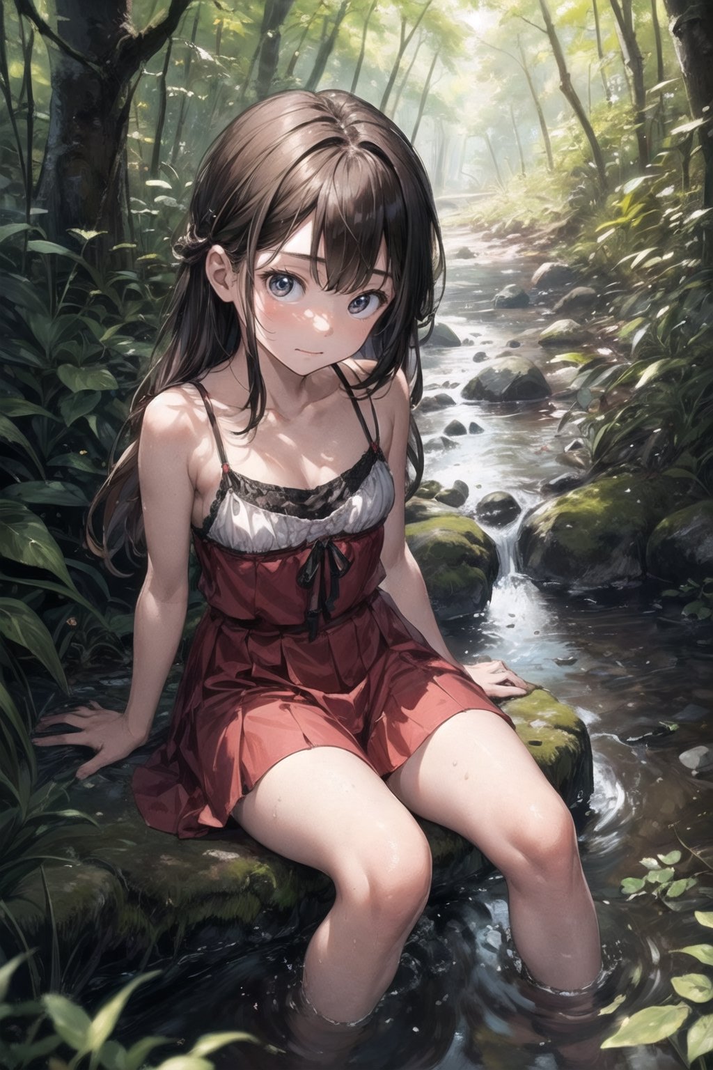 (((By the creek deep in the woods))),(looking at the audience),(((Only the face enters the camera))),
人：a korean little daughter,(((Pure and restrained little daughter))),
服：(sleeveless spaghetti straps),