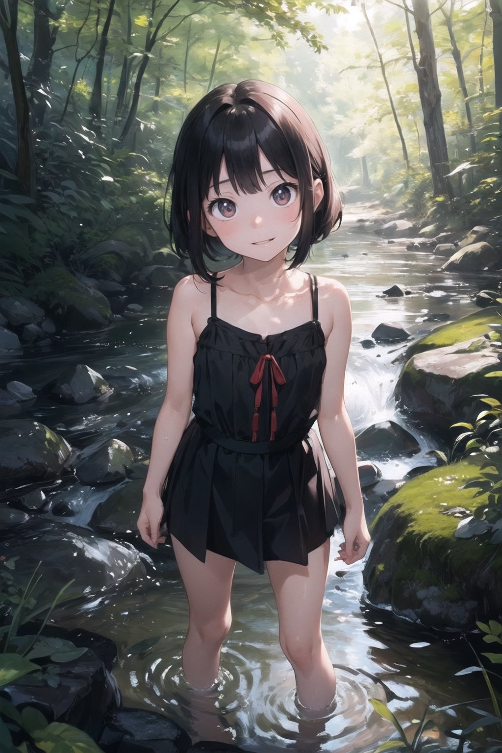 (((By the creek deep in the woods))),(looking at the audience),(((Only the face enters the camera))),
人：a korean little daughter,(((Pure and restrained little daughter))),
服：(sleeveless spaghetti straps),