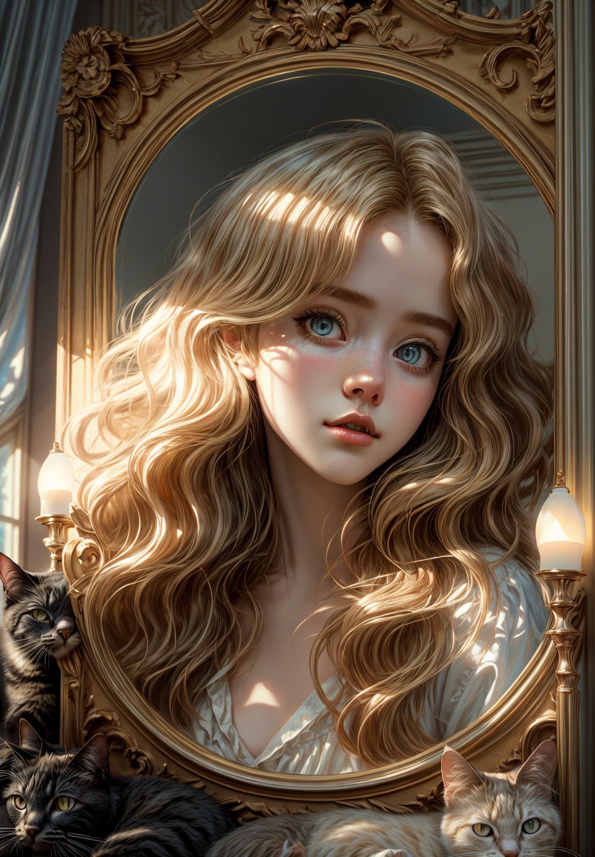 Masterpiece, eyes look away from the viewer, 16k, intricate details, highest resolution, long shot, perfect lighting, unreal engine, colorful, elaborate and detailed scene, the most beautiful girl, long wavy blonde hair, playing with cats, beautiful bedroom decor, full body, Detailedface, ,Paint_Style, soft lighting 