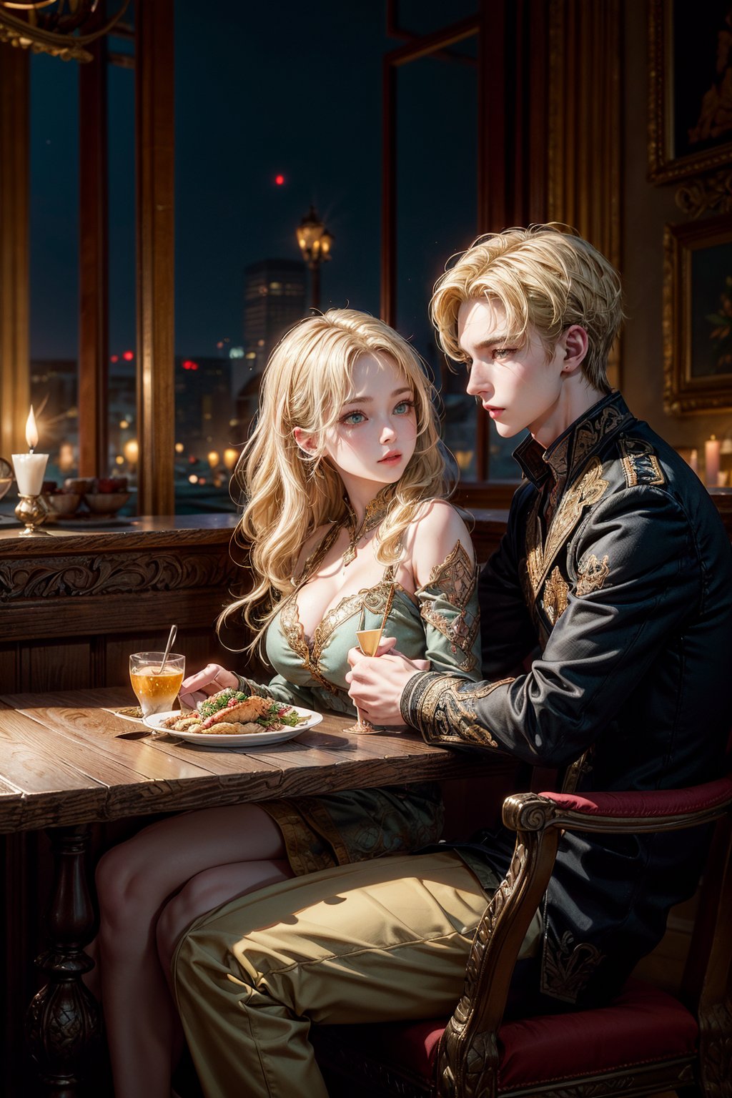 Masterpiece, 16k, intricate details, highest resolution, long shot, perfect lighting, unreal engine, colorful, elaborate and detailed scene, the most beautiful couple, blonde hair, wide shot, handsome tall guy, beautiful girl, eating at a beautiful restaurant, looking at each other, romantic theme, romantic pose