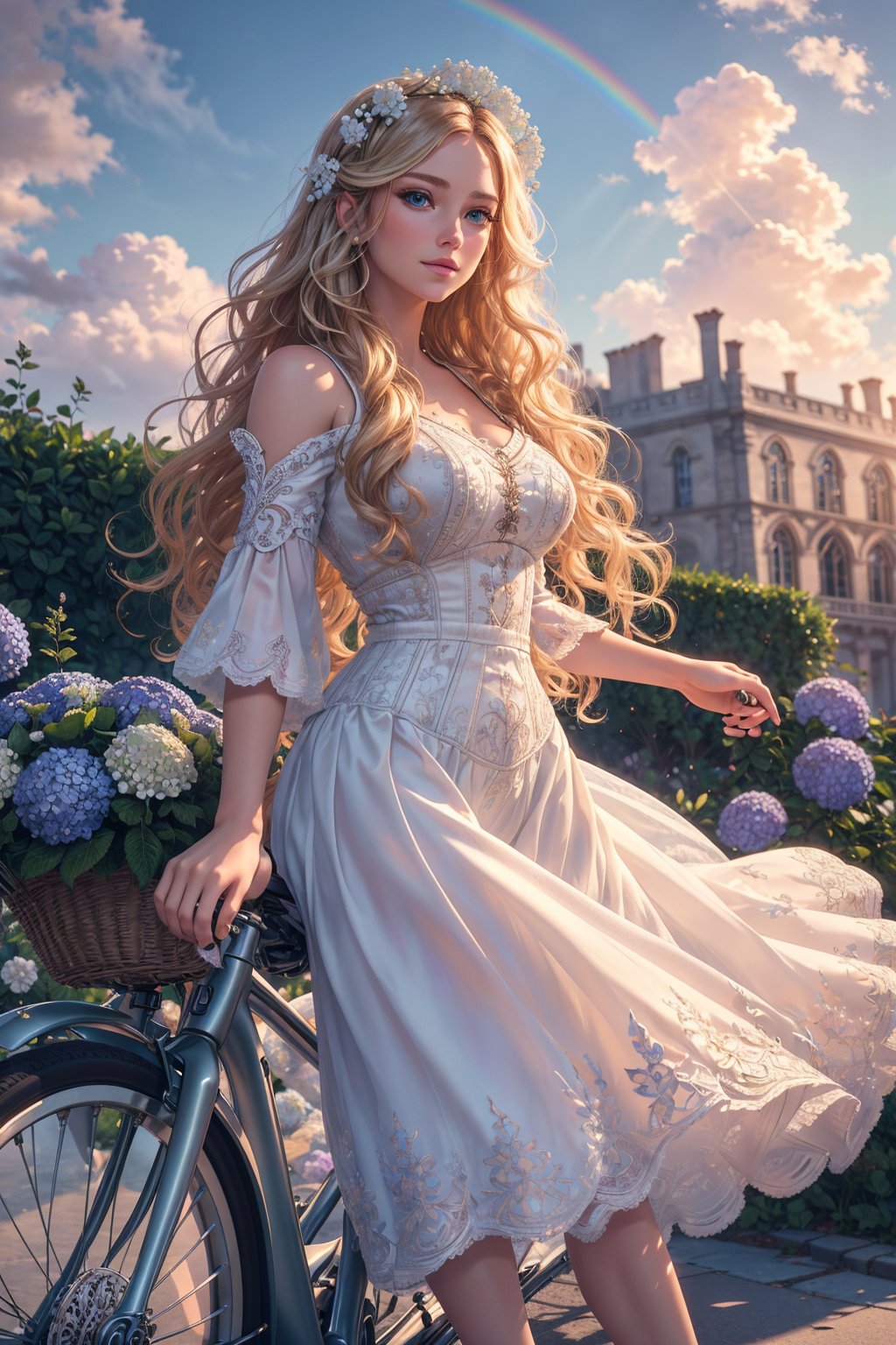 Masterpiece, 16k, intricate details, highest resolution, long shot, perfect lighting, unreal engine, colorful, elaborate and detailed scene, the most beautiful girl, perfect face, perfect eyes, wide shot, full body, long wavy blonde hair, soft smile, windy, dynamic pose, white bicycle, hydrangea, better hands,rainbowsky_background