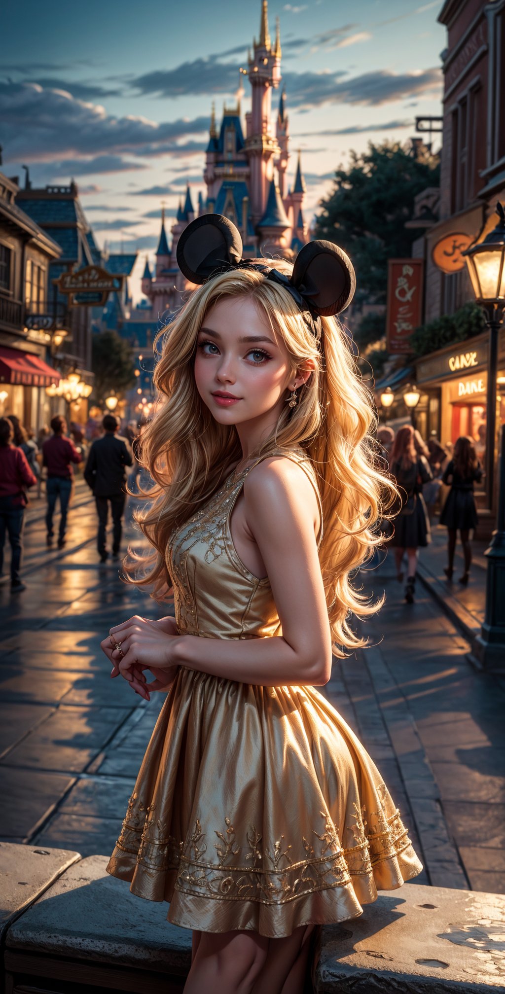 Masterpiece, 16k, intricate details, highest resolution, long shot, perfect lighting, unreal engine, colorful, elaborate and detailed scene, the most beautiful girl, long wavy blonde hair, wide shot, Disneyland, Disney headband, Mickey Mouse ears, cute dress, cute pose, soft smile