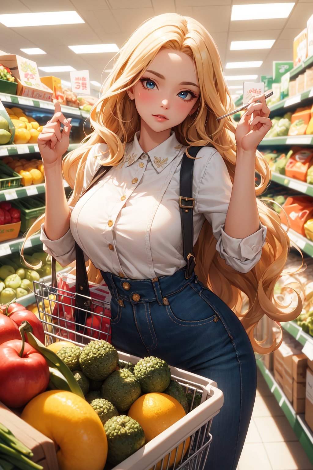 Masterpiece, eyes look away from the viewer, 16k, intricate details, highest resolution, long shot, perfect lighting, unreal engine, colorful, elaborate and detailed scene, 1 girl, perfect face, long and wavy blonde hair, wide shot, Perfect pose, buying grocery, supermarket