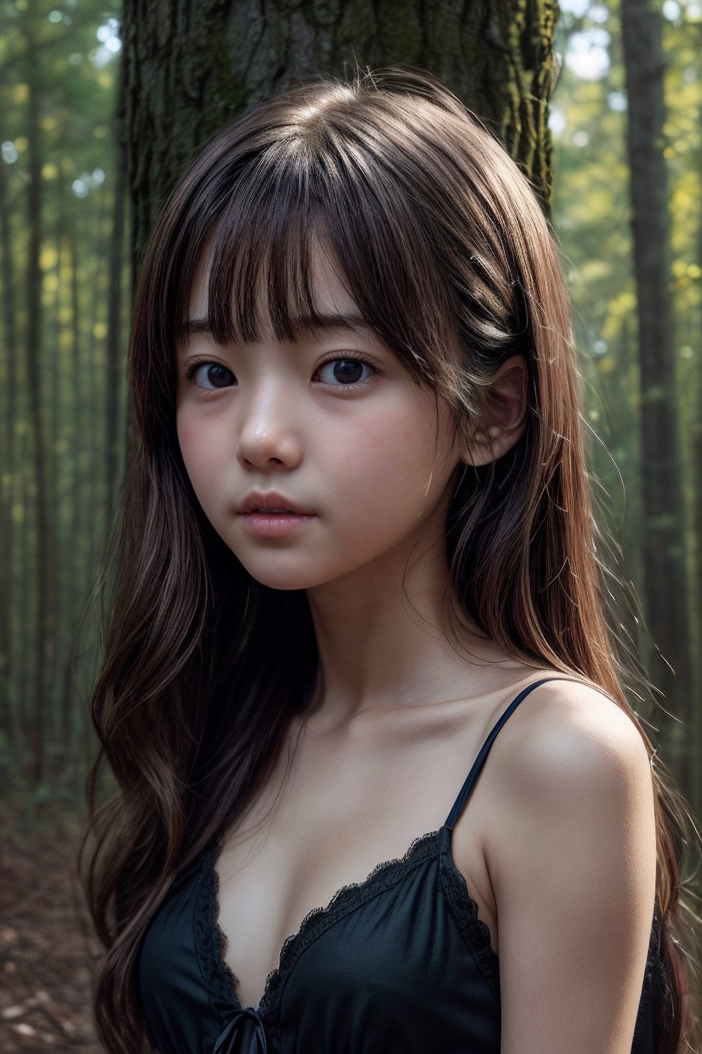 (((deep in the woods))),(looking at the audience), (Focus on the face),(Beautiful side face angle),
人：(((1 little girl))),(((little girl's body))),
優：(((16K texture structure))), the light and shadow structure that makes the texture more realistic and natural, (film style structure),
髮：Long hair, bangs,
服：(Sheer shirt with spaghetti straps),