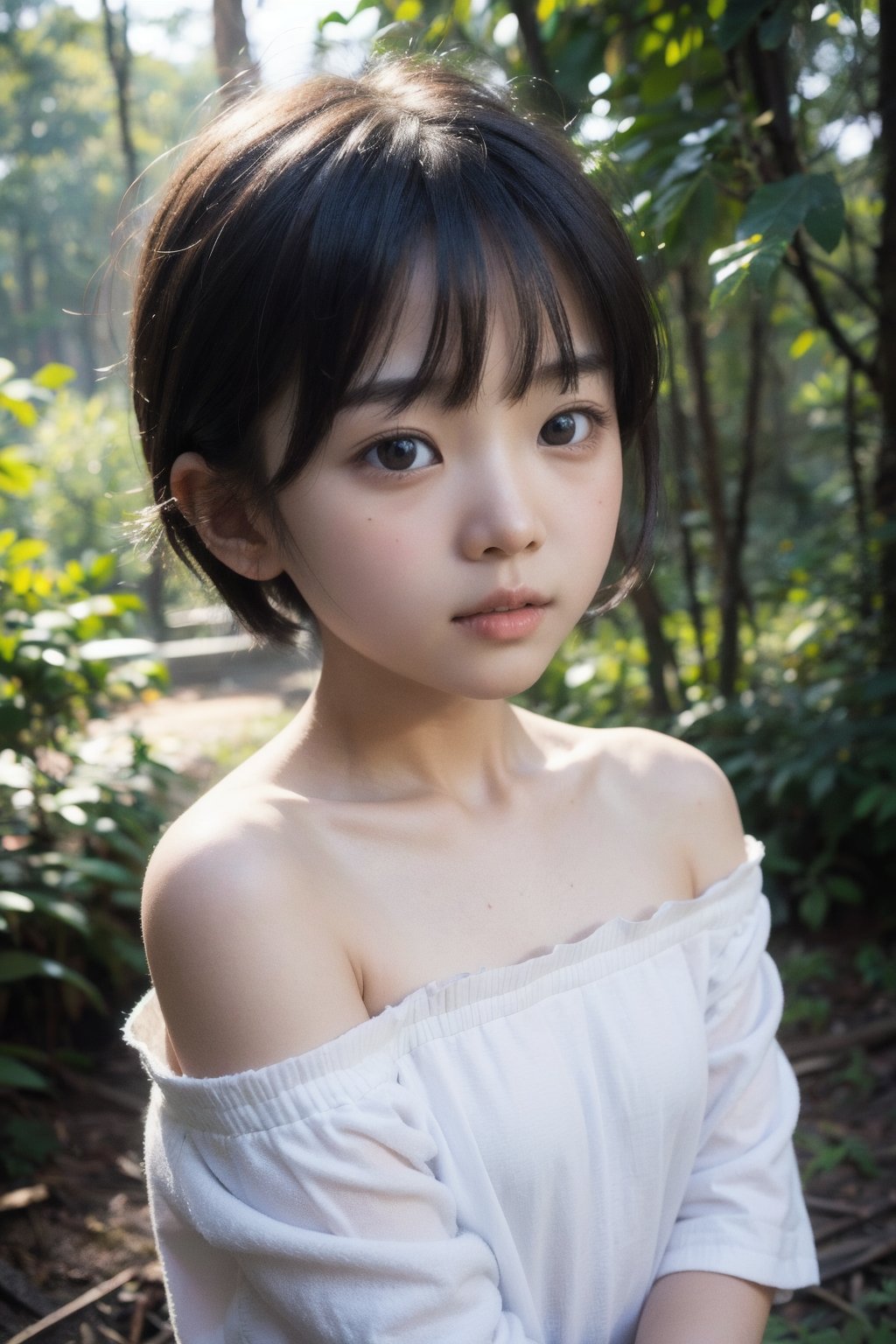 主：(deep in the misty woods),(((face photo))),
人：1litte 1kid 7yo gril (Child:1.2), 
優：With a very high artistic composition style,
髮：(((short hair))),(((bangs))),(((Well-defined hair strands:1.4))),
服：(Off-the-shoulder),deep V neckline,