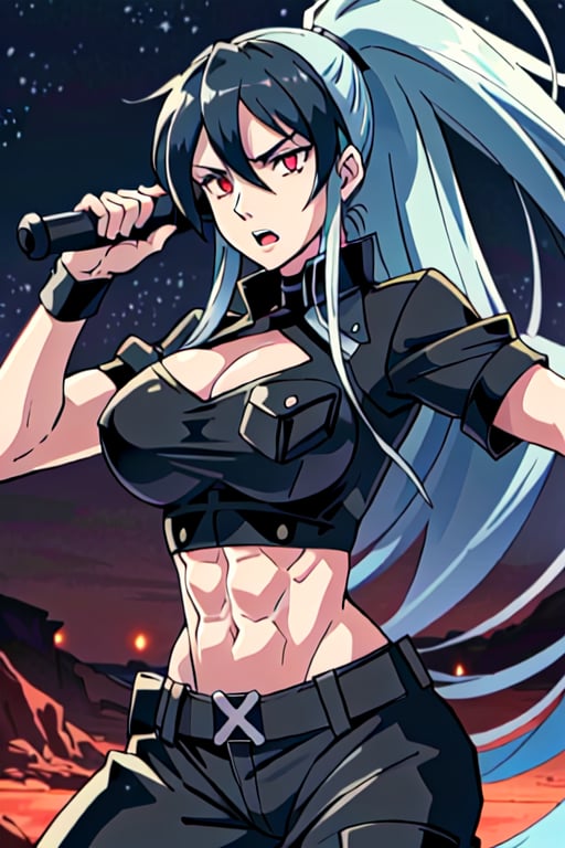 ESDEATH, solo_female, muscular_female, biceps, abs, gorgeous face, open mouth, very long ponytail hair, shiny hair, black hair, expressive eyes, red eyes, linked_thick_eyelashes, latex shirt, black pantalon, shaped clothes, night_desert, 