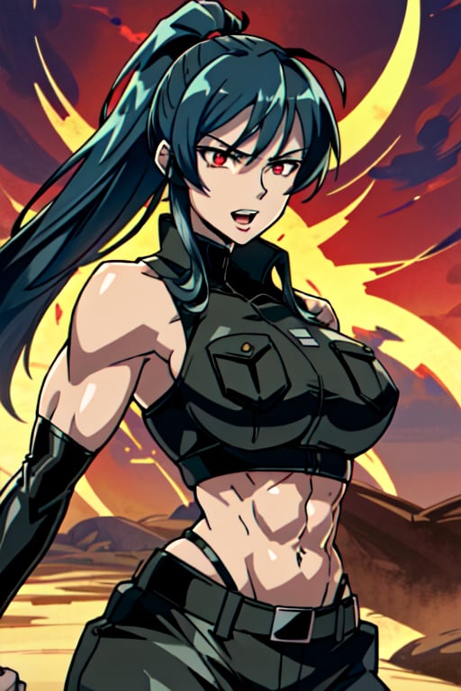 ESDEATH, solo_female, muscular_female, biceps, abs, gorgeous face, wide open mouth, very long ponytail hair, shiny hair, black hair, expressive eyes, red eyes, linked_thick_eyelashes, latex shirt, black pantalon, shaped clothes, night_desert, 