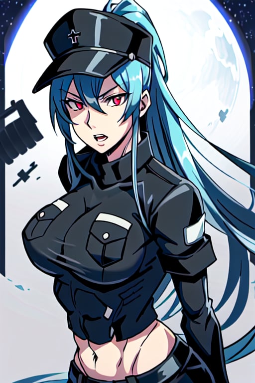 ESDEATH, solo_female, muscular_female, biceps, abs, gorgeous face, open mouth, very long ponytail hair, shiny hair, black hair, expressive eyes, red eyes, linked_thick_eyelashes, latex shirt, black pantalon, shaped clothes, night_desert, 