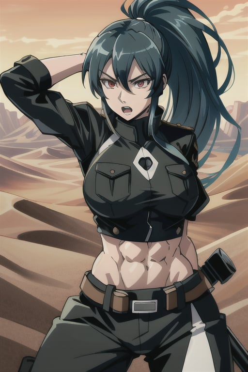 ESDEATH, solo_female, muscular_female, biceps, abs, gorgeous face, open mouth, very long ponytail hair, shiny hair, black hair, expressive eyes, red eyes, linked_thick_eyelashes, latex shirt, black pantalon, shaped clothes, night_desert, 