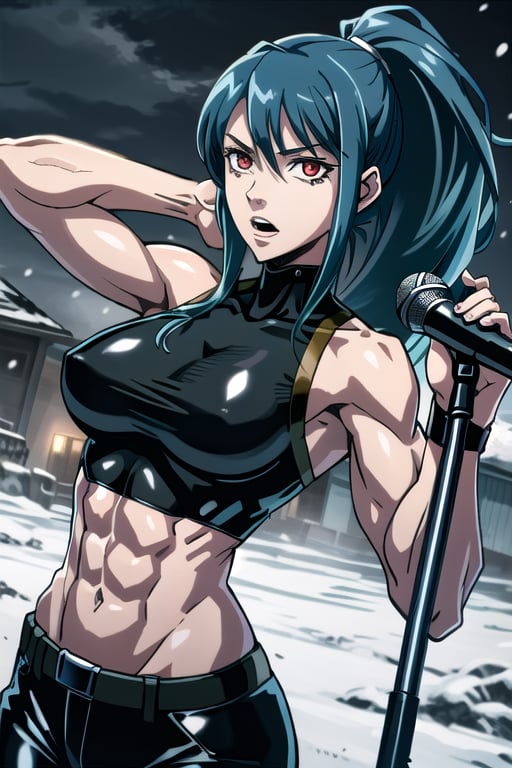 ESDEATH, solo_female, muscular_female, biceps, abs, gorgeous face, big mouth, very long ponytail hair, shiny hair, black hair, expressive eyes, red eyes, linked_thick_eyelashes, pink latex shoulderless shirt, black pantalon, shaped clothes, night_snow_weather, released_expressions,makima \(chainsaw man\),fate/stay background
, holding, microphone,