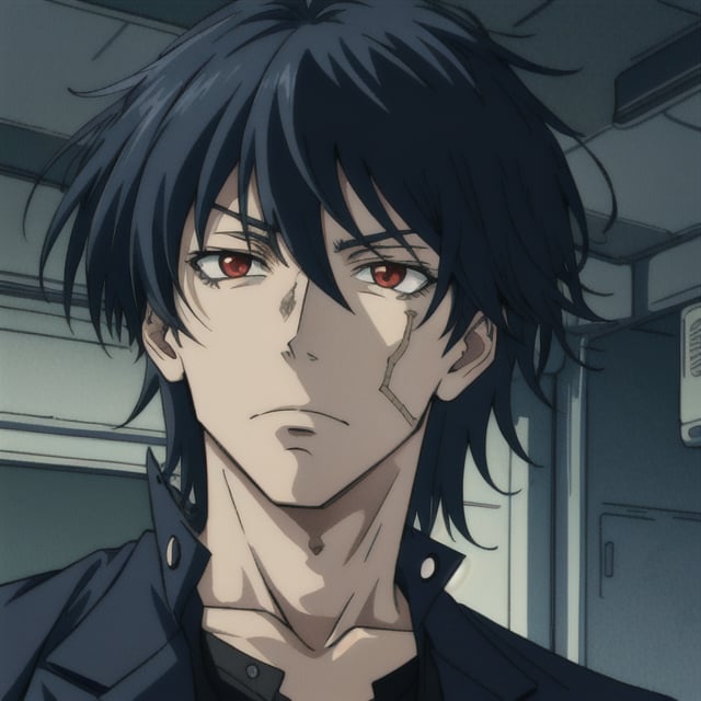 Yuuichi Katagiri, emotionless eyes, red eyes, highly detailed eyes, solo_male, male_focus, retro, 1990s (style), dark_fantasy, dark_Atmosphere, retro_artstyle, relaxed_expressions,allblacksuit, goth, mega_curry_hair, dark_domain,Yusei Fudo,black hair, long_jacket, eye_scar,william_james_moriarty, close_viewer,