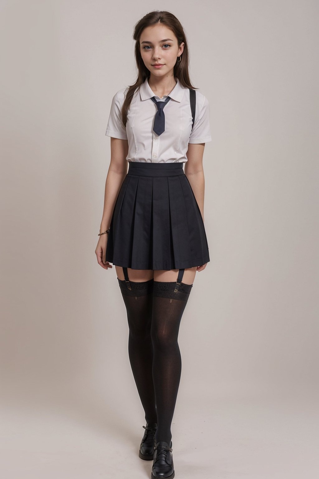 character sheet, brown haired girl, student clothes, light blue background, beautiful, good hands, full body,looking to the camera, good body, 18 year old girl body,school shoes, school skirt, school shirt, black shoes, (((muscled body))), jewelry inverted cross and an Egyptian cross,full_body, with small earrings, character_sheet, fashionable hairstyle, school_uniform, shoes_black,school_shoes_black,arcane style,
, clothes with accessories, denier tights in beige, stockings_colorbeige, Reclaimed Vintage side cut out tights in black, clothes sexy, Bluebella garter suspender in black,DonM4lbum1n,kathrynnewton