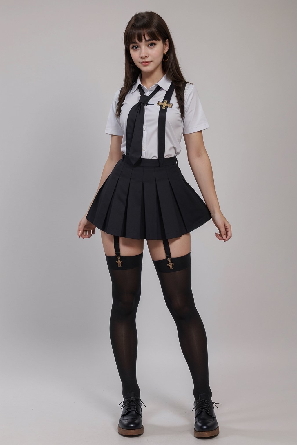 character sheet, brown haired girl, student clothes, light blue background, beautiful, good hands, full body,looking to the camera, good body, 18 year old girl body,school shoes, school skirt, school shirt, black shoes, (((muscled body))), jewelry inverted cross and an Egyptian cross,full_body, with small earrings, character_sheet, fashionable hairstyle, school_uniform, shoes_black,school_shoes_black,arcane style,
, clothes with accessories, denier tights in beige, stockings_colorbeige, Reclaimed Vintage side cut out tights in black, clothes sexy, Bluebella garter suspender in black,DonM4lbum1n