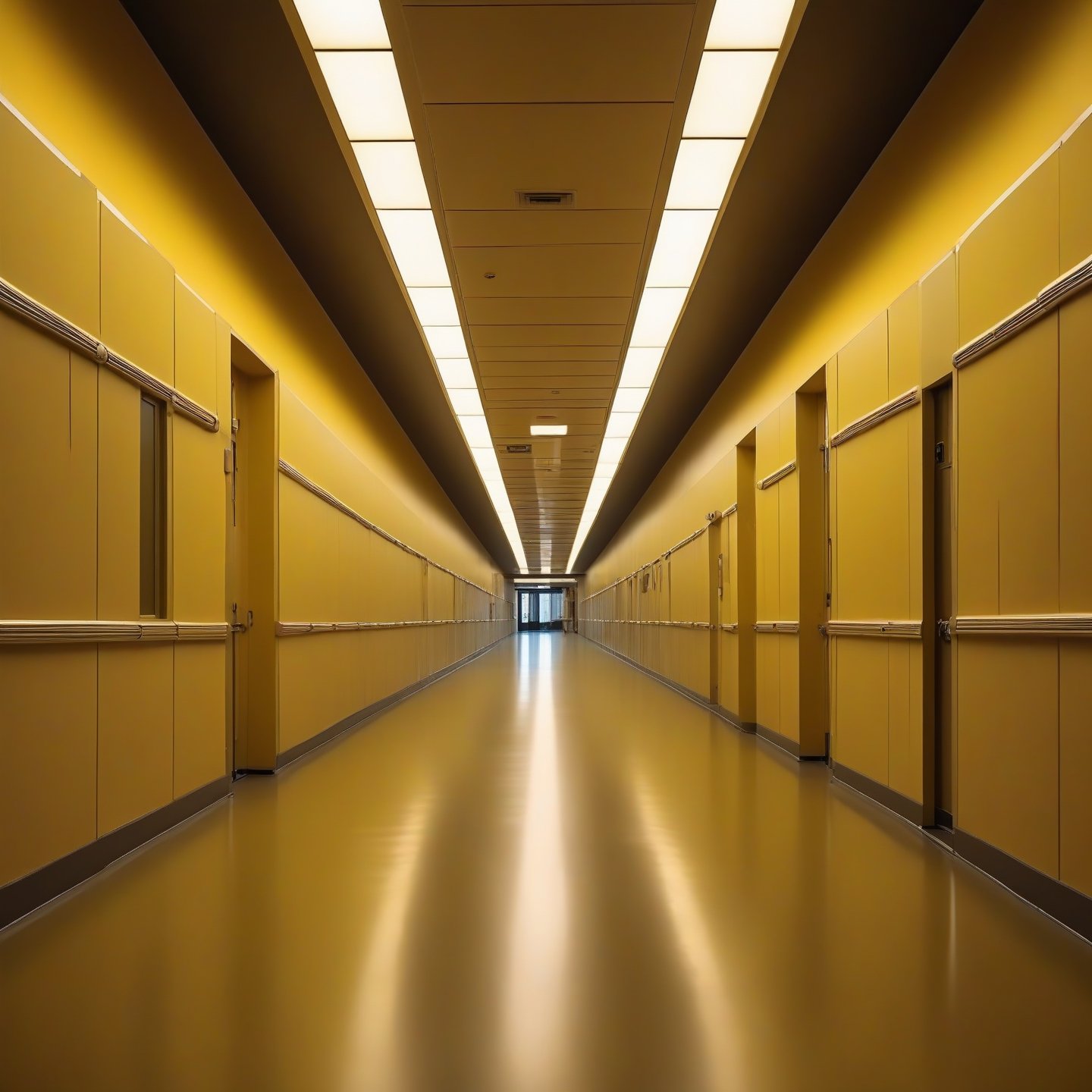 8k, high resolution, hdr, intricate details, realistic, an award-winning photograph of an eerily empty hallway, yellow walls and carpet, fluorescent lights, transitional space, liminal space, dread