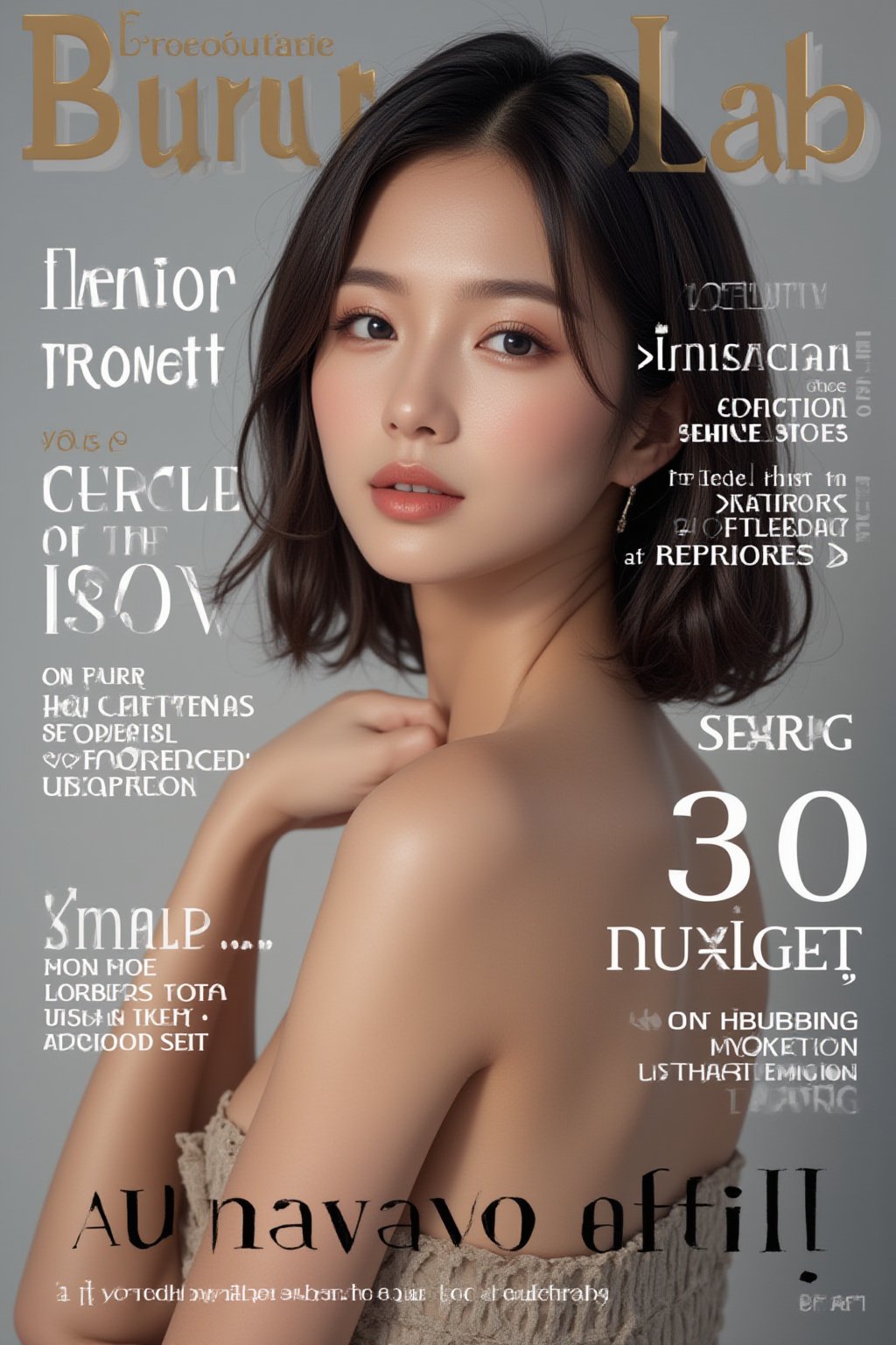 A high-fashion magazine cover featuring a close-up, upper-body shot of a beautiful Japanese female model with an enhanced bust size, confidently posing with elegance. Her sharp yet graceful facial features are highlighted, and she wears a stylish, modern outfit that accentuates her figure while maintaining a sophisticated and polished look. The background is a neutral gray with professional, magazine-quality lighting that enhances her photorealistic skin texture.

Across the cover, bold and stylish magazine text is displayed, including the title in elegant font: **"FuturEvoLab Beauty"** at the top. Other headlines include:
- **"Fashion Forward: The Future of Elegance"**
- **"Secrets to Confidence and Style"**
- **"Model of the Year: Embracing Allure and Power"**

The overall composition combines high-end fashion photography with captivating headlines that frame the model’s pose, drawing attention to her beauty and presence. The cover reflects sophistication, confidence, and modern fashion, with the FuturEvoLabBeautify aesthetic enhancing the visual impact.