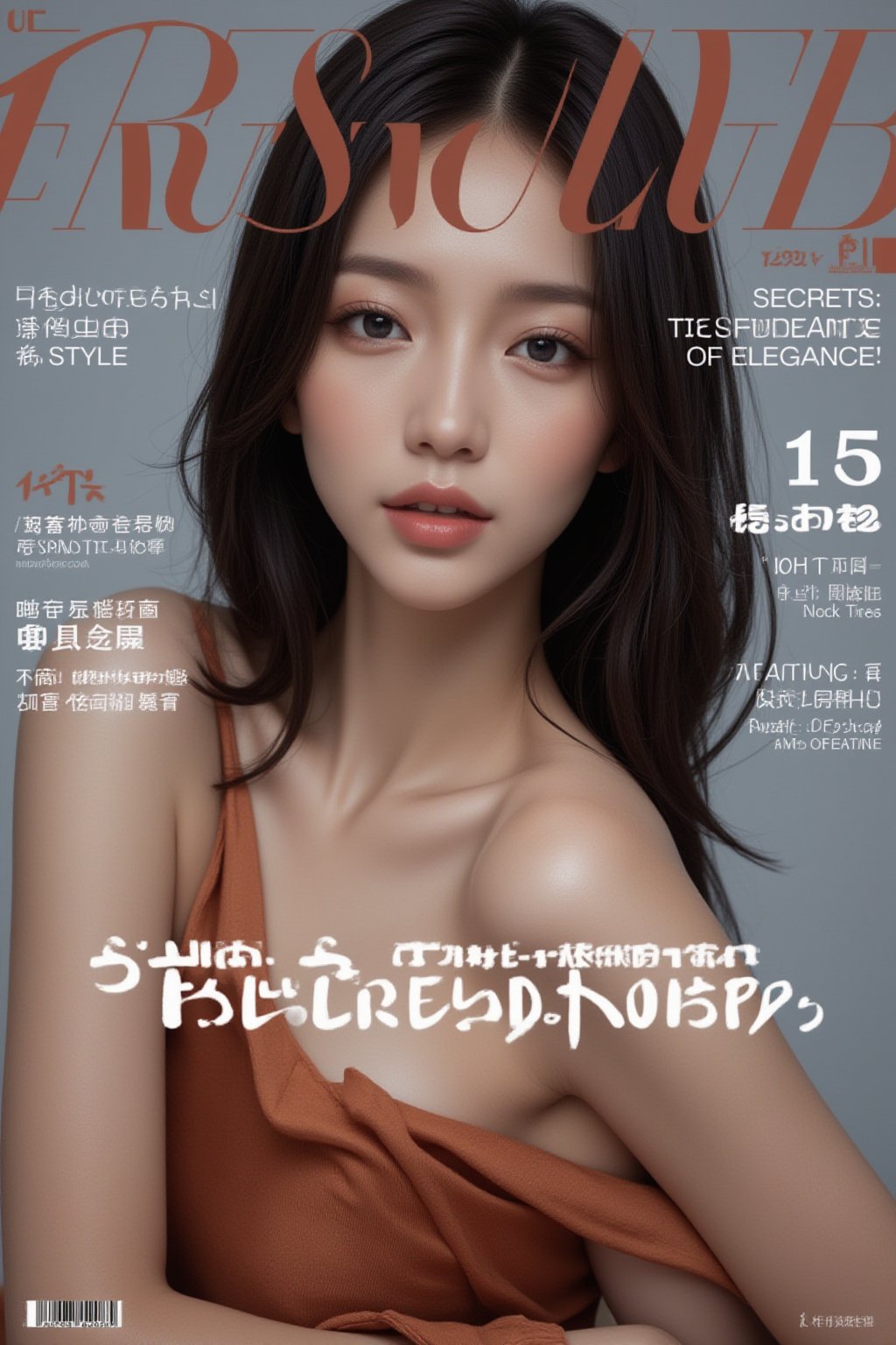 A high-fashion magazine cover featuring a close-up, upper-body shot of a beautiful Japanese female model with an enhanced bust size, confidently posing with elegance. Her sharp yet graceful facial features are highlighted, and she wears a stylish, modern outfit that accentuates her figure while maintaining a sophisticated and polished look. The background is a neutral gray with professional, magazine-quality lighting that enhances her photorealistic skin texture.

Across the cover, bold and stylish magazine text is displayed, including the title in elegant font: **"FuturEvoLab Beauty"** at the top. Other headlines include:
- **"Fashion Forward: The Future of Elegance"**
- **"Secrets to Confidence and Style"**
- **"Model of the Year: Embracing Allure and Power"**

The overall composition combines high-end fashion photography with captivating headlines that frame the model’s pose, drawing attention to her beauty and presence. The cover reflects sophistication, confidence, and modern fashion, with the FuturEvoLabBeautify aesthetic enhancing the visual impact.