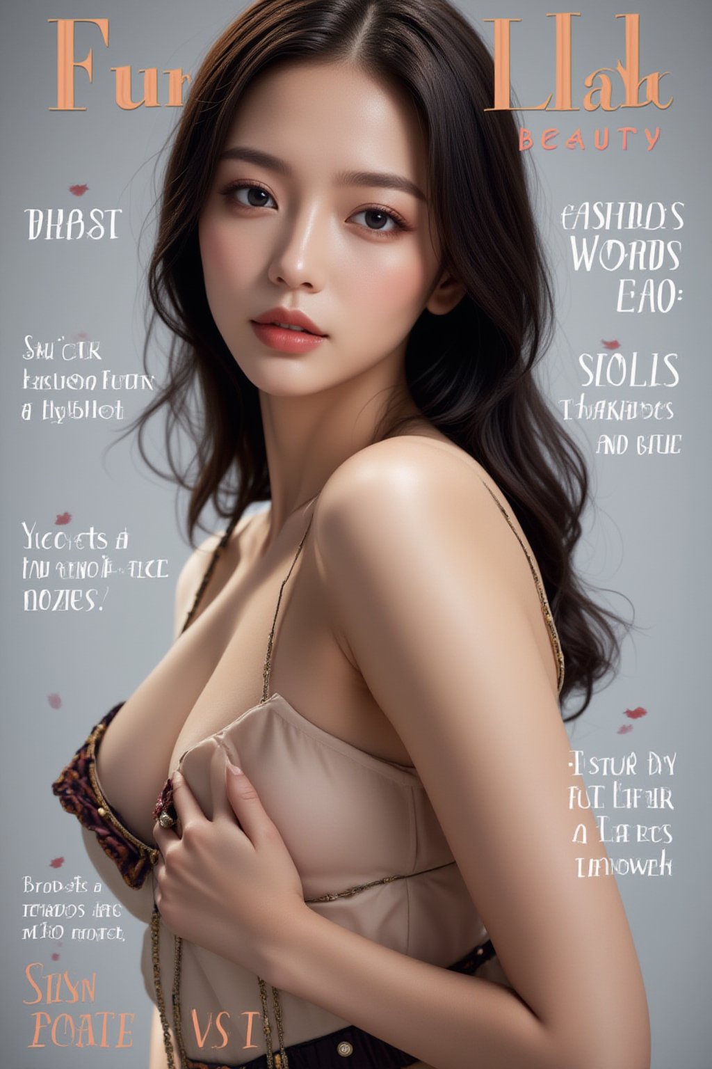 A high-fashion magazine cover featuring a close-up, upper-body shot of a beautiful Japanese female model with an enhanced bust size, confidently posing with elegance. Her sharp yet graceful facial features are highlighted, and she wears a stylish, modern outfit that accentuates her figure while maintaining a sophisticated and polished look. The background is a neutral gray with professional, magazine-quality lighting that enhances her photorealistic skin texture.

Across the cover, bold and stylish magazine text is displayed, including the title in elegant font: **"FuturEvoLab Beauty"** at the top. Other headlines include:
- **"Fashion Forward: The Future of Elegance"**
- **"Secrets to Confidence and Style"**
- **"Model of the Year: Embracing Allure and Power"**

The overall composition combines high-end fashion photography with captivating headlines that frame the model’s pose, drawing attention to her beauty and presence. The cover reflects sophistication, confidence, and modern fashion, with the FuturEvoLabBeautify aesthetic enhancing the visual impact.