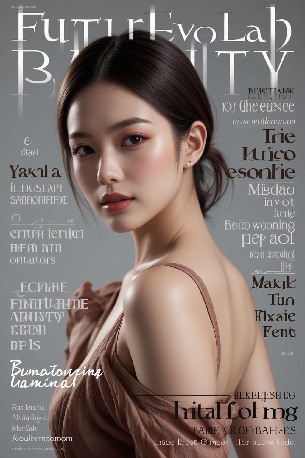 A high-fashion magazine cover featuring a close-up, upper-body shot of a beautiful Japanese female model with an enhanced bust size, confidently posing with elegance. Her sharp yet graceful facial features are highlighted, and she wears a stylish, modern outfit that accentuates her figure while maintaining a sophisticated and polished look. The background is a neutral gray with professional, magazine-quality lighting that enhances her photorealistic skin texture.

Across the cover, bold and stylish magazine text is displayed, including the title in elegant font: **"FuturEvoLab Beauty"** at the top. Other headlines include:
- **"Fashion Forward: The Future of Elegance"**
- **"Secrets to Confidence and Style"**
- **"Model of the Year: Embracing Allure and Power"**

The overall composition combines high-end fashion photography with captivating headlines that frame the model’s pose, drawing attention to her beauty and presence. The cover reflects sophistication, confidence, and modern fashion, with the FuturEvoLabBeautify aesthetic enhancing the visual impact.