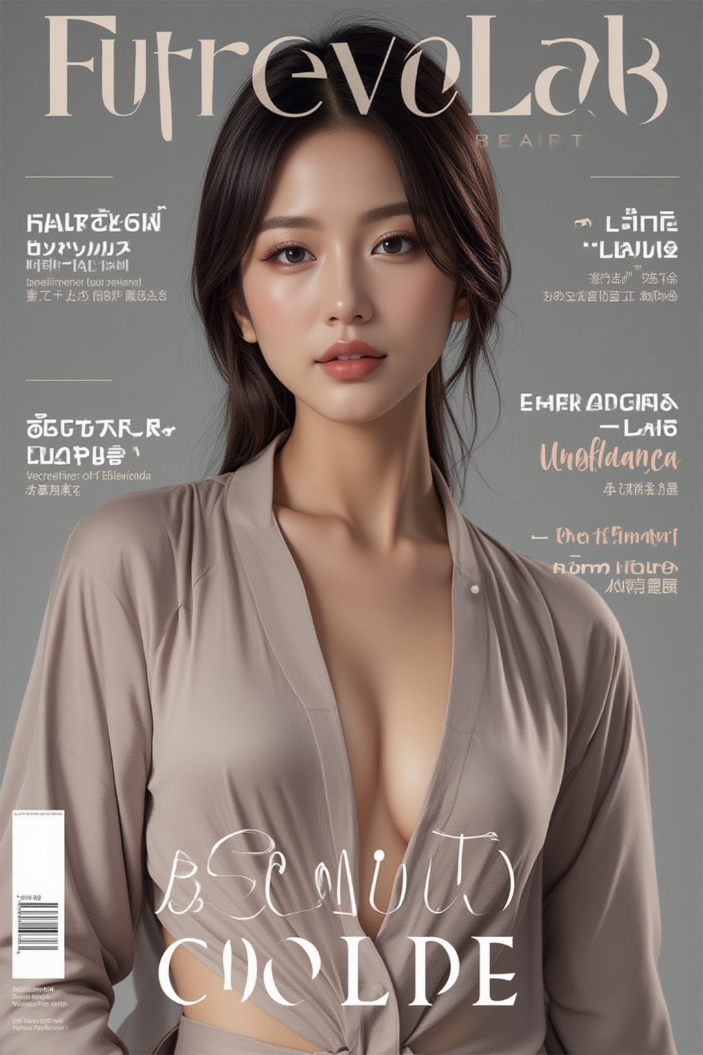 A high-fashion magazine cover featuring a close-up, upper-body shot of a beautiful Japanese female model with an enhanced bust size, confidently posing with elegance. Her sharp yet graceful facial features are highlighted, and she wears a stylish, modern outfit that accentuates her figure while maintaining a sophisticated and polished look. The background is a neutral gray with professional, magazine-quality lighting that enhances her photorealistic skin texture.

Across the cover, bold and stylish magazine text is displayed, including the title in elegant font: **"FuturEvoLab Beauty"** at the top. Other headlines include:
- **"Fashion Forward: The Future of Elegance"**
- **"Secrets to Confidence and Style"**
- **"Model of the Year: Embracing Allure and Power"**

The overall composition combines high-end fashion photography with captivating headlines that frame the model’s pose, drawing attention to her beauty and presence. The cover reflects sophistication, confidence, and modern fashion, with the FuturEvoLabBeautify aesthetic enhancing the visual impact.