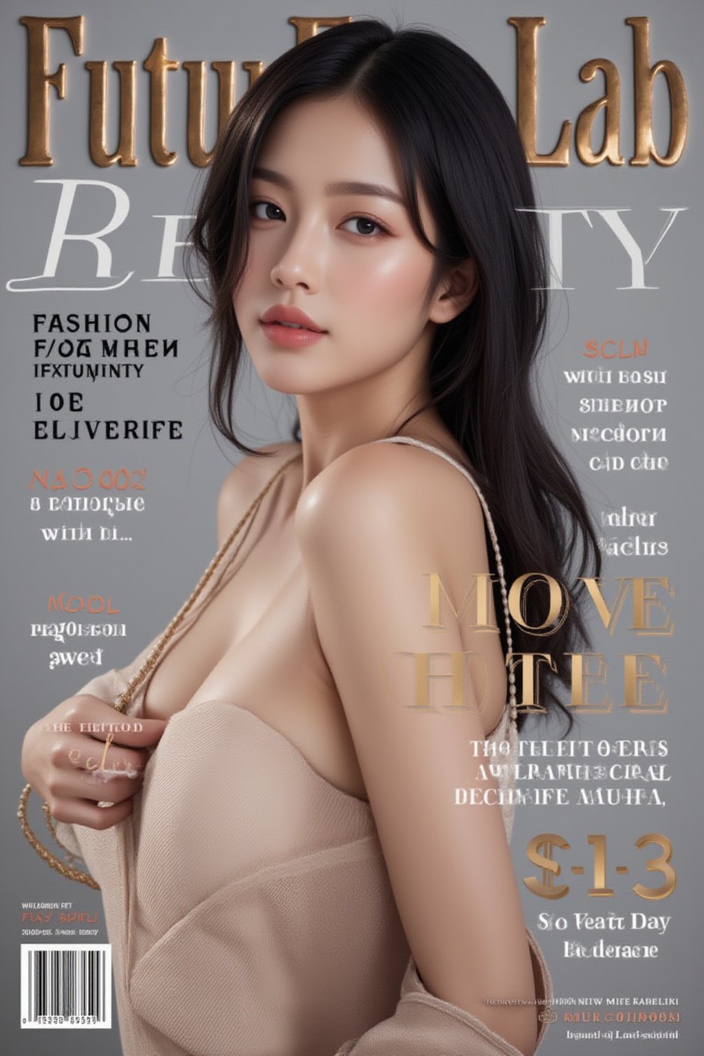 A high-fashion magazine cover featuring a close-up, upper-body shot of a beautiful Japanese female model with an enhanced bust size, confidently posing with elegance. Her sharp yet graceful facial features are highlighted, and she wears a stylish, modern outfit that accentuates her figure while maintaining a sophisticated and polished look. The background is a neutral gray with professional, magazine-quality lighting that enhances her photorealistic skin texture.

Across the cover, bold and stylish magazine text is displayed, including the title in elegant font: **"FuturEvoLab Beauty"** at the top. Other headlines include:
- **"Fashion Forward: The Future of Elegance"**
- **"Secrets to Confidence and Style"**
- **"Model of the Year: Embracing Allure and Power"**

The overall composition combines high-end fashion photography with captivating headlines that frame the model’s pose, drawing attention to her beauty and presence. The cover reflects sophistication, confidence, and modern fashion, with the FuturEvoLabBeautify aesthetic enhancing the visual impact.