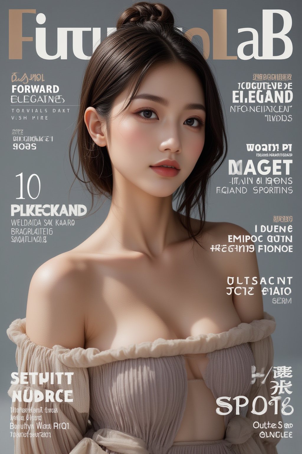 A high-fashion magazine cover featuring a close-up, upper-body shot of a beautiful Japanese female model with an enhanced bust size, confidently posing with elegance. Her sharp yet graceful facial features are highlighted, and she wears a stylish, modern outfit that accentuates her figure while maintaining a sophisticated and polished look. The background is a neutral gray with professional, magazine-quality lighting that enhances her photorealistic skin texture.

Across the cover, bold and stylish magazine text is displayed, including the title in elegant font: **"FuturEvoLab Beauty"** at the top. Other headlines include:
- **"Fashion Forward: The Future of Elegance"**
- **"Secrets to Confidence and Style"**
- **"Model of the Year: Embracing Allure and Power"**

The overall composition combines high-end fashion photography with captivating headlines that frame the model’s pose, drawing attention to her beauty and presence. The cover reflects sophistication, confidence, and modern fashion, with the FuturEvoLabBeautify aesthetic enhancing the visual impact.